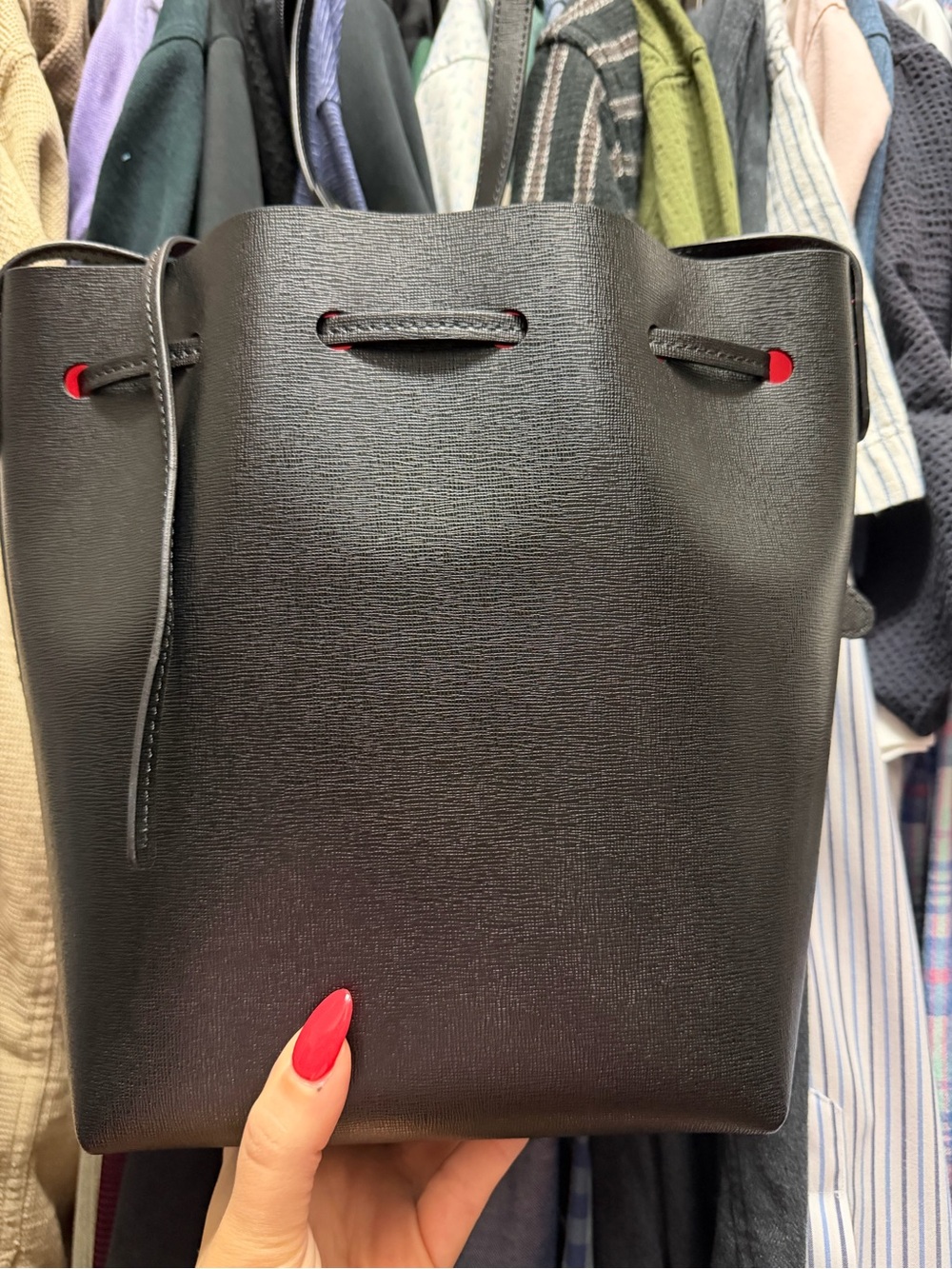 Mansur Gavriel Black Leather Drawstring Bucket Bag with Red Interior - Picture 3 of 7